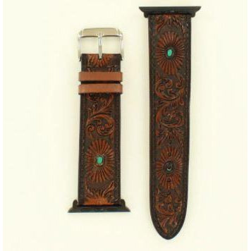 Nocona Floral Tooled iWatch Band - Brown/Turquoise