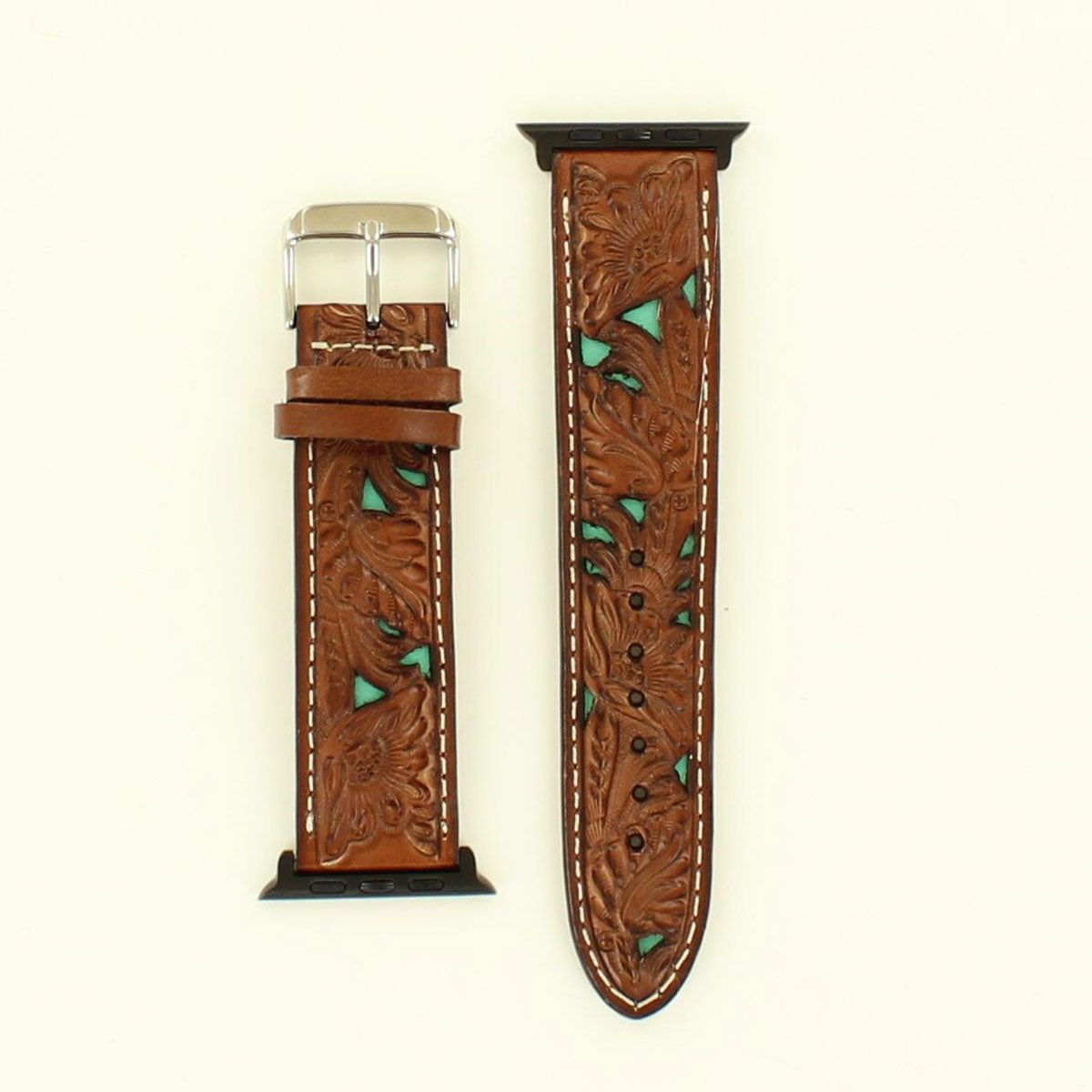 Nocona Tooled w/Underlay iWatch Band - Brown/Turquoise