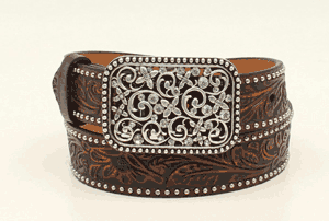 Ariat Girls Belt 1.25 Brown Floral Embossed with Stud Edging Fashion