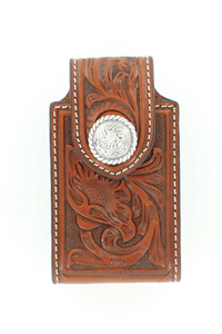 Nocona Tooled Leather Cell Phone Holder - Round Silver Concho