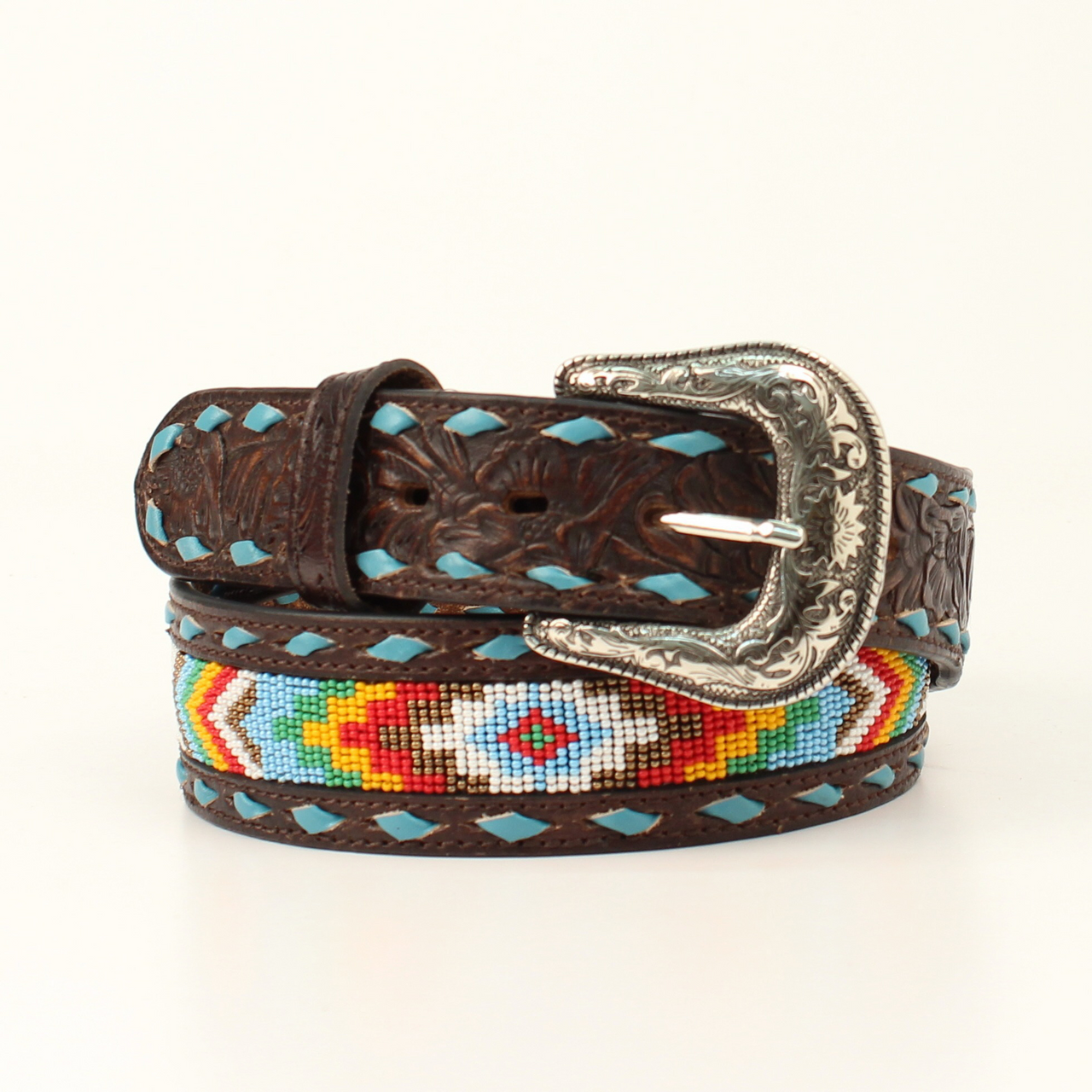 Nocona Womens Belt - Buck Lacing Beaded Pattern Brown