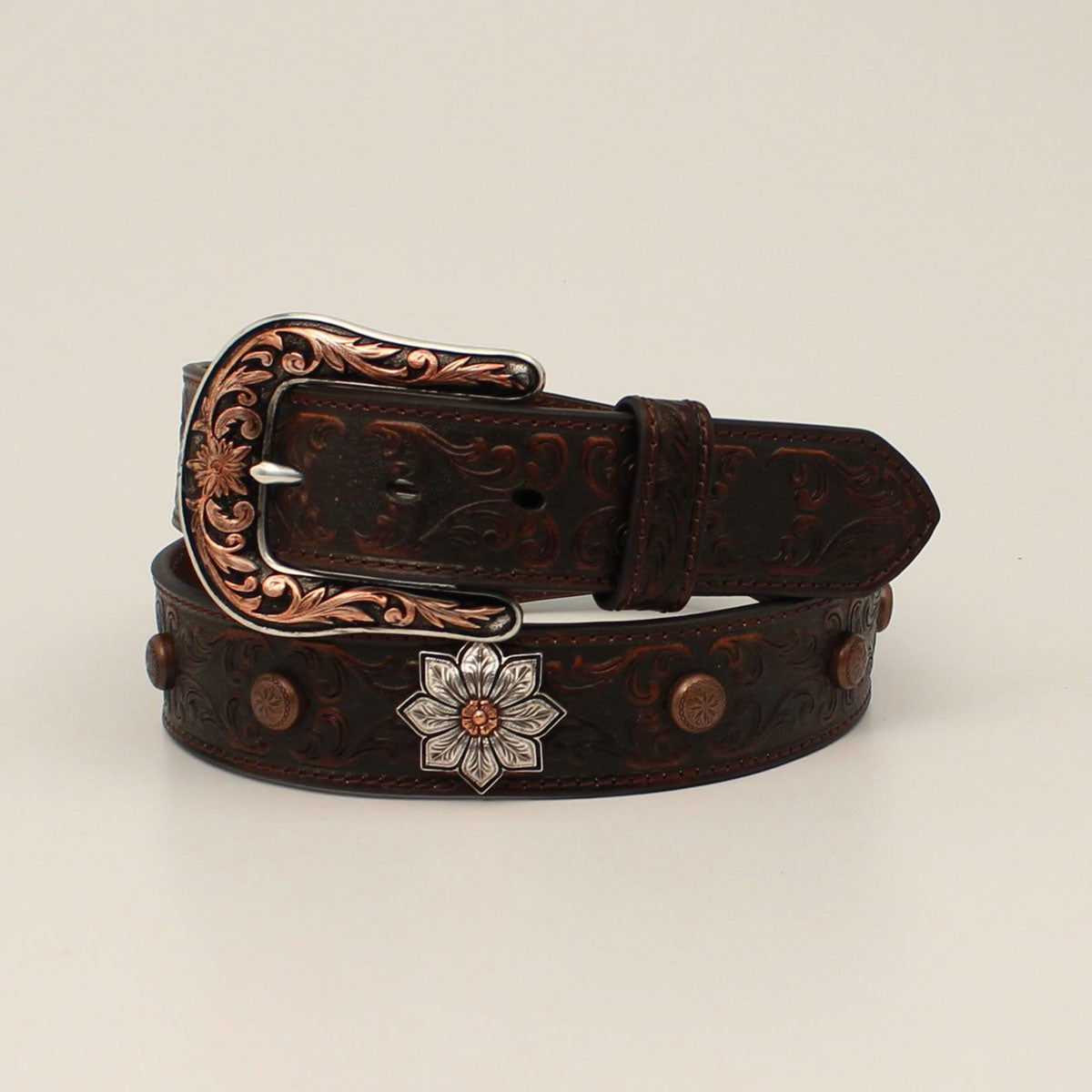 Ariat Women's Leather Floral Embossed Flower Concho Belt - Brown