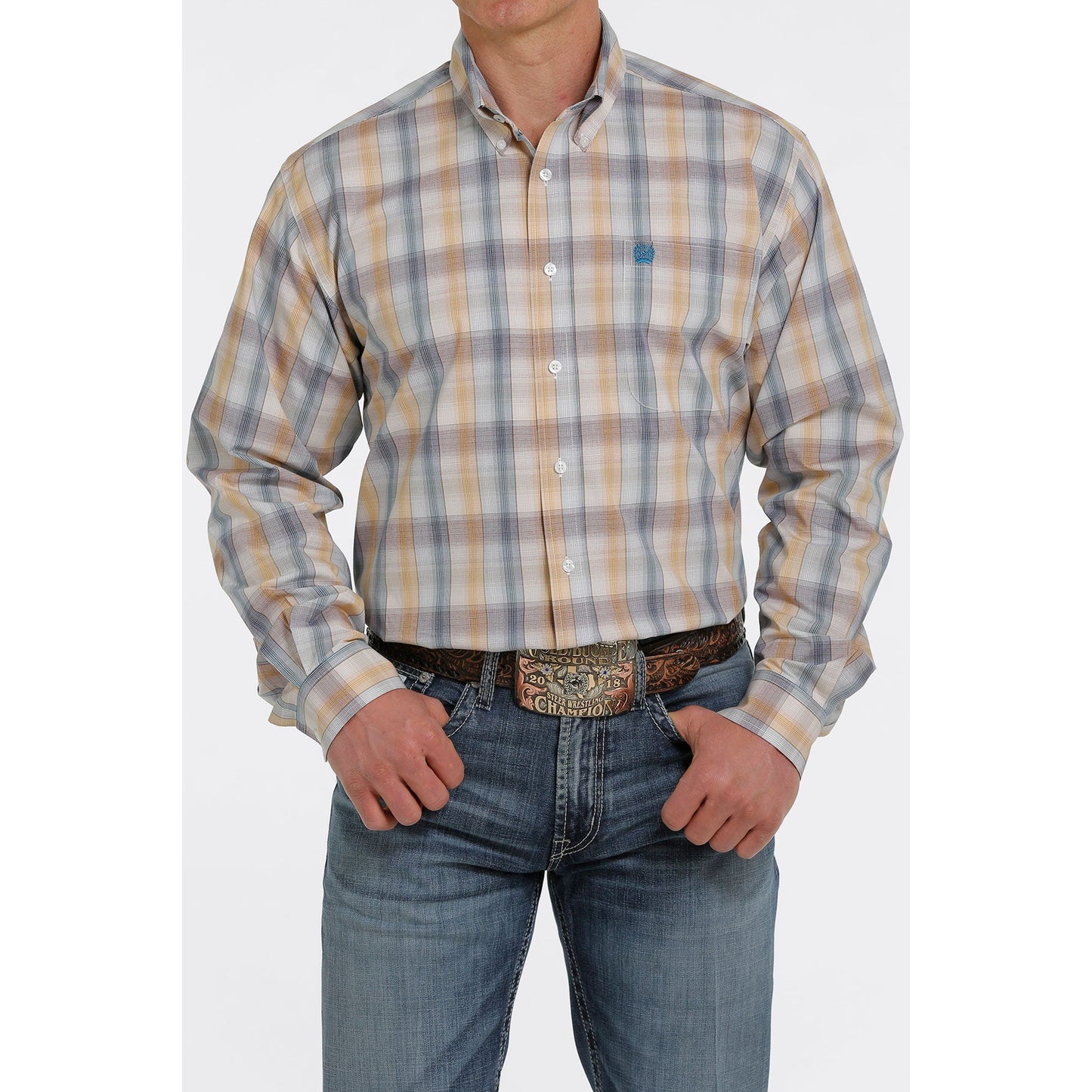 Cinch Men's LS Plaid White Shirt