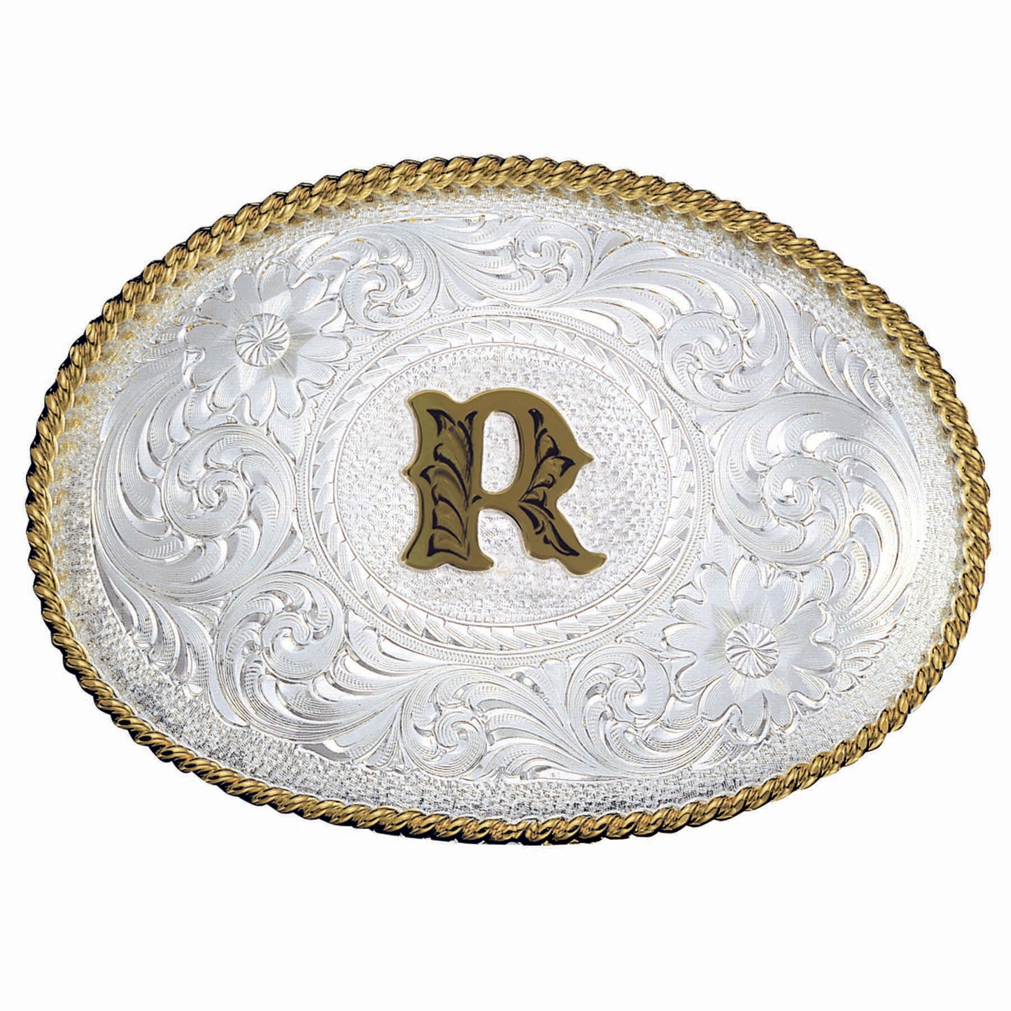 Montana Silversmiths Initial R Silver Engraved Gold Trim Western Belt Buckle
