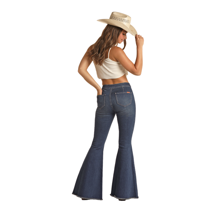 Rock & Roll Women's Dart Detail Button Bell Bottom Jeans - Medium Wash