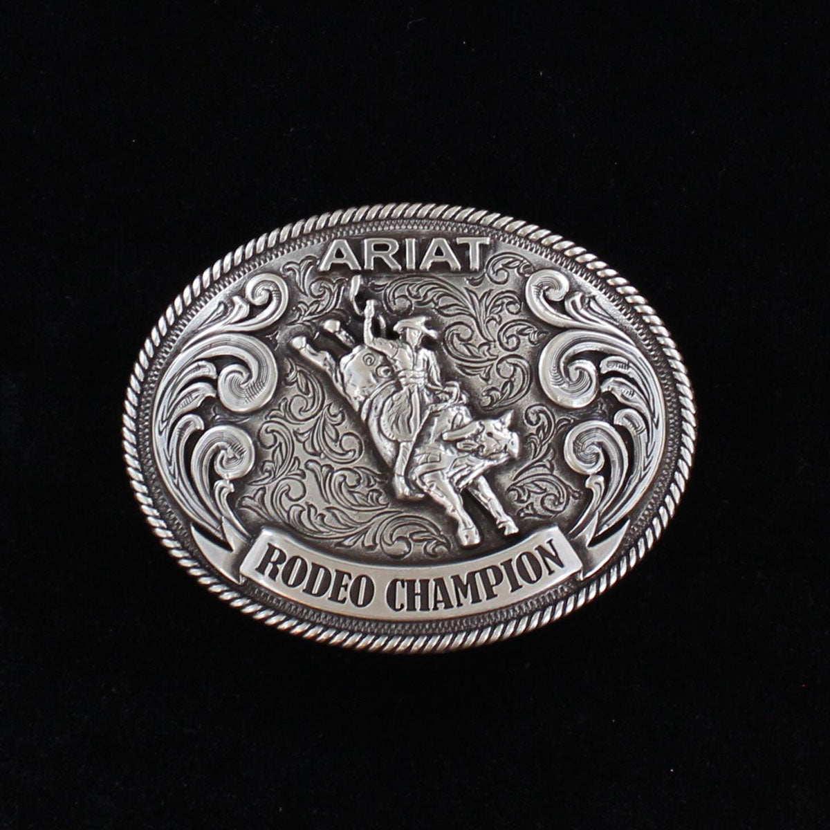 Ariat Oval Rope Edge Rodeo Bull Laser Printed Buckle - Antique Silver