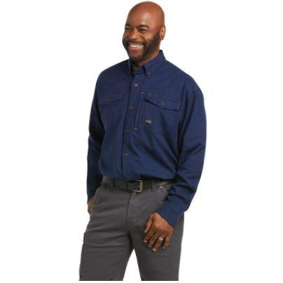 Ariat Mens Rebar Flannel Distressed LS Work Shirt Dark Blue