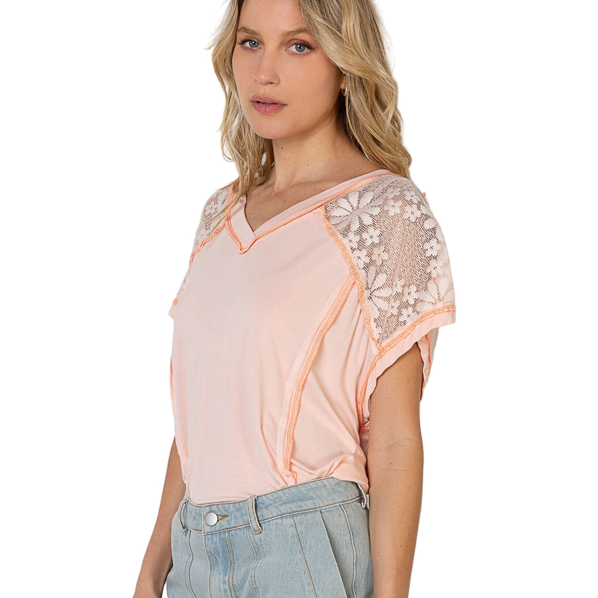 POL Women's Lace Knit Top - Peach Blush