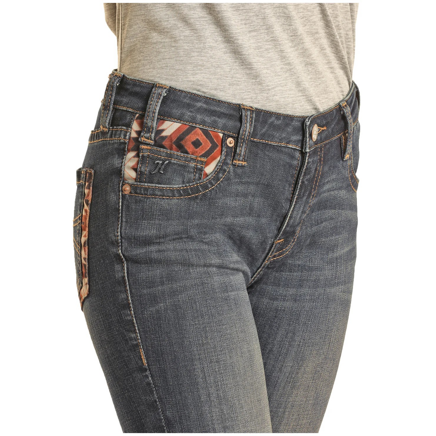 Hooey Women's Patch Print Baby Flare - Mid-Wash