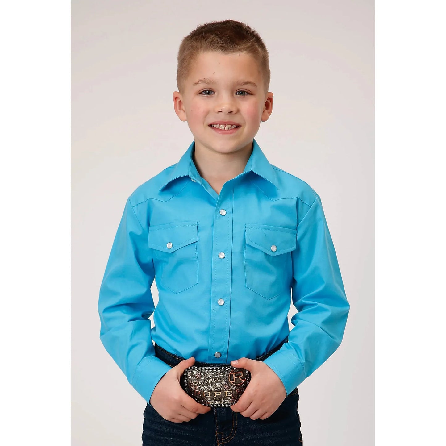 Roper Boy's Long Sleeve Solid Broadcloth Western Shirt- Turquoise
