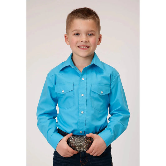 Roper Boy's Long Sleeve Solid Broadcloth Western Shirt- Turquoise