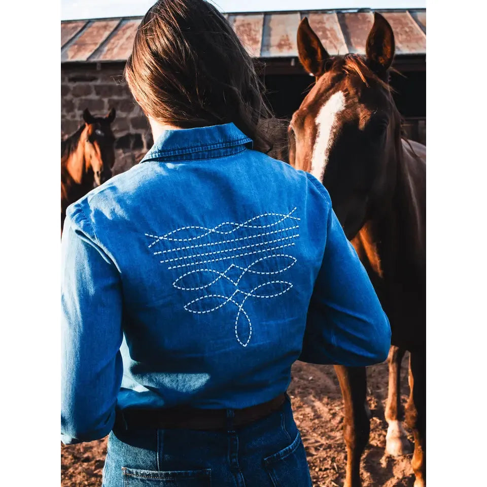 Rockin A Design Women's Long Sleeve Boot Stitch Denim Pearl Snap Shirt-Blue