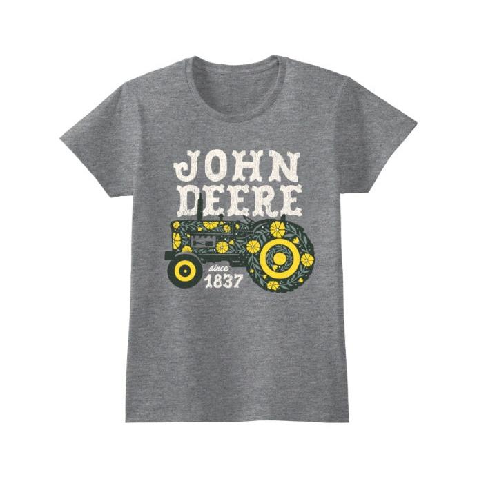 John Deere Women's Flower Tractor Tee Shirt - Charcoal