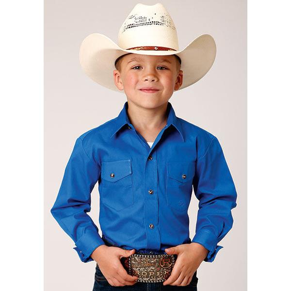 Roper Boy's Long Sleeve Poplin Western Shirt- Blue