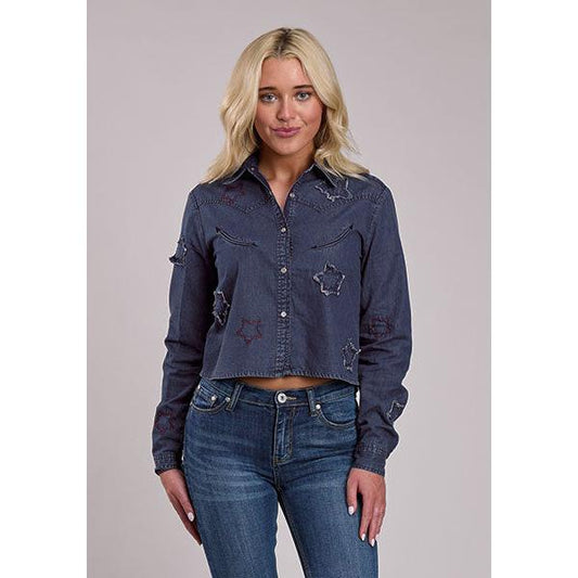 Roper Women's Long Sleeve Cropped Denim Western Shirt- Dark Blue