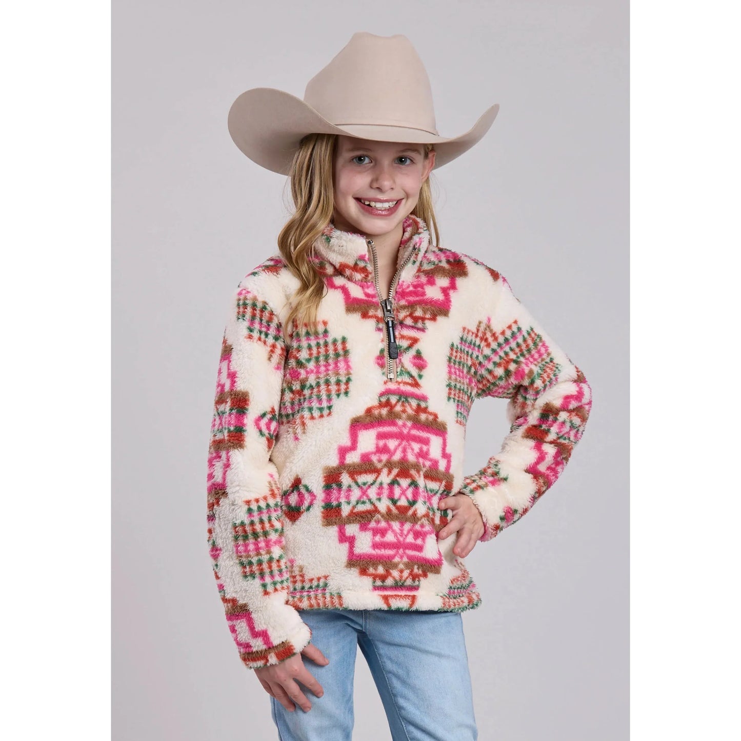 Roper Girl's 1/4 zip Polar Fleece Pullover- Pink