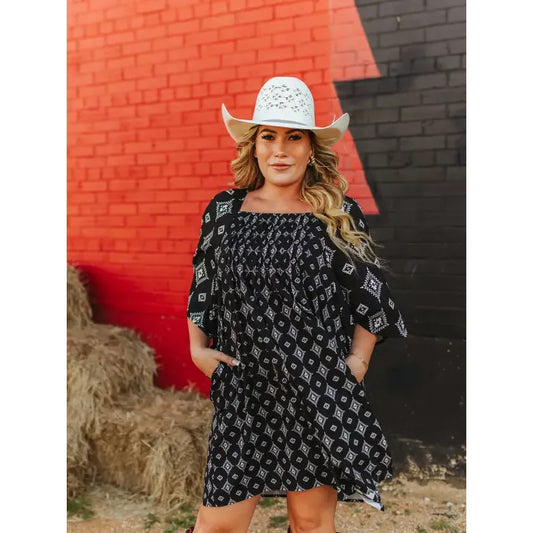 Lucky & Blessed Women's Flutter Sleeve Aztec Square Neckline Dress- Black