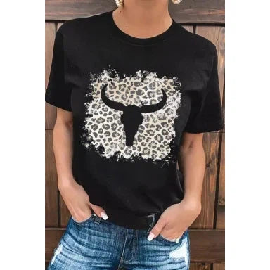 Dear Lover Women's Black Western Leopard Steer Head Print Casual T Shirt