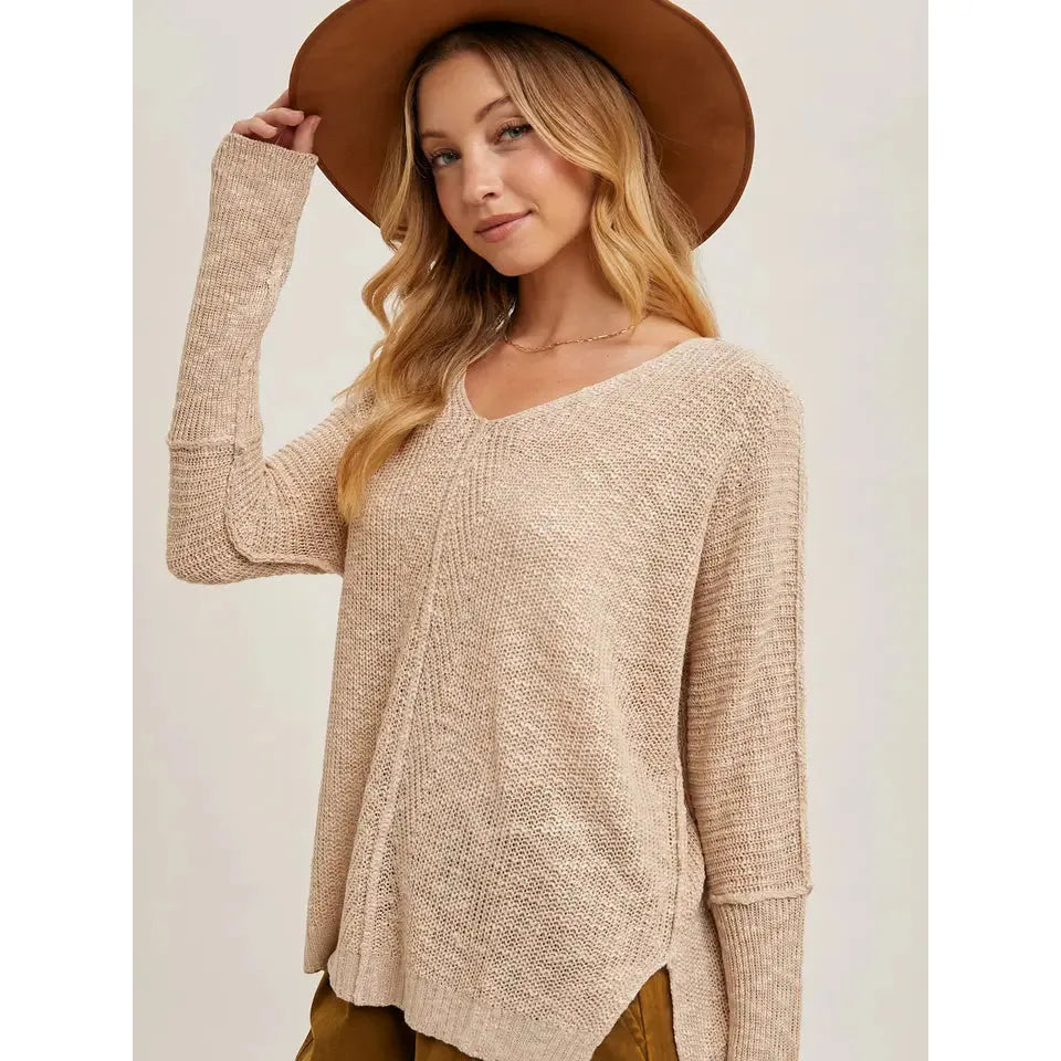 Bluivy Women's Long Sleeve Sheer Loosefit V Neck Knit Sweater-Oatmeal
