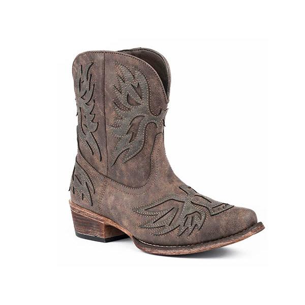 Roper Women's  Snip Toe Faux Leather Shorty Boot- Chromatic Brown/Distressed Brown