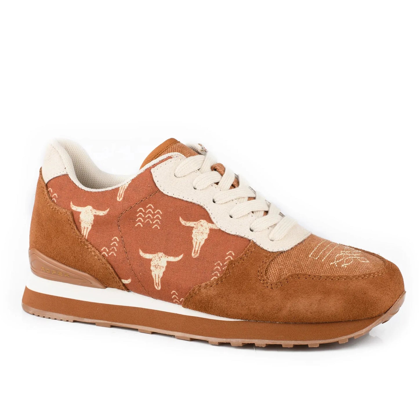 Roper Women's Laced Cow Print Suede and Canvas Printed Shoe- Cognac