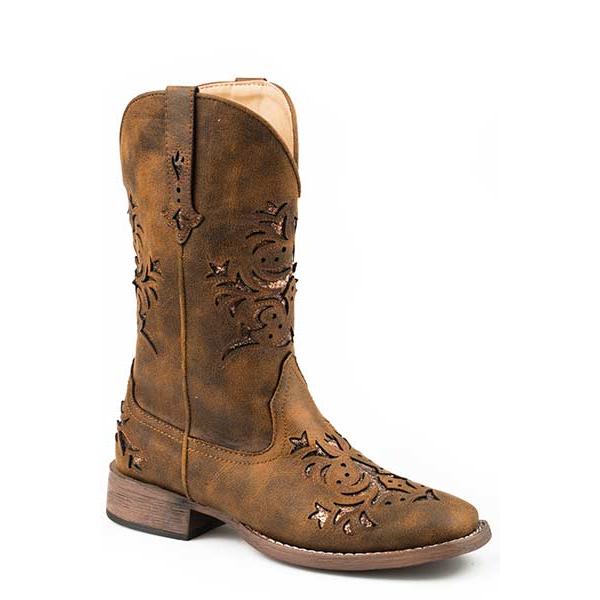 Roper Women's Wide Square Toe Cognac Faux Leather Vintage Sole Western Boot- Brown