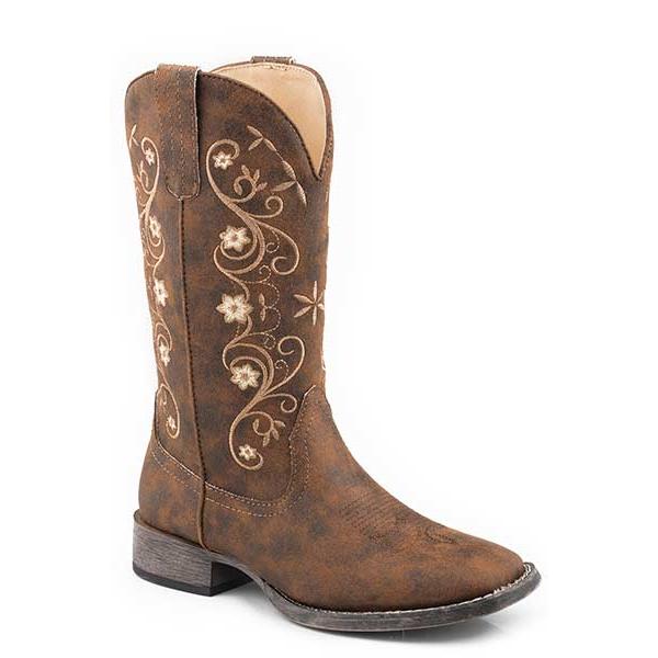 Roper Women's Faux Leather Square Toe Floral Embroidered Western Boot- Brown