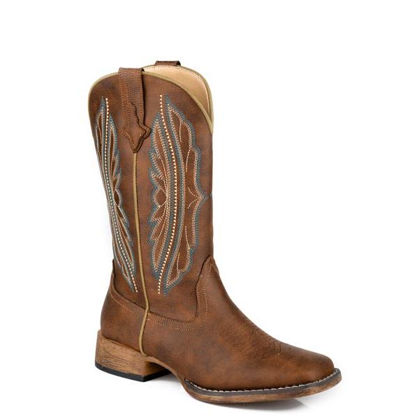 Roper Women's Loretta Leather Square Toe Western Embroidered Western Boot- Brown