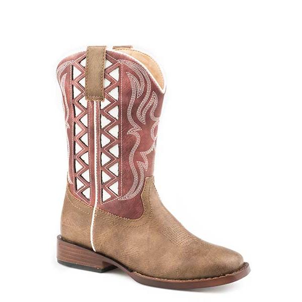 Tin Haul Big Kids Wide Square Toe Faux Leather Western Boot- Red