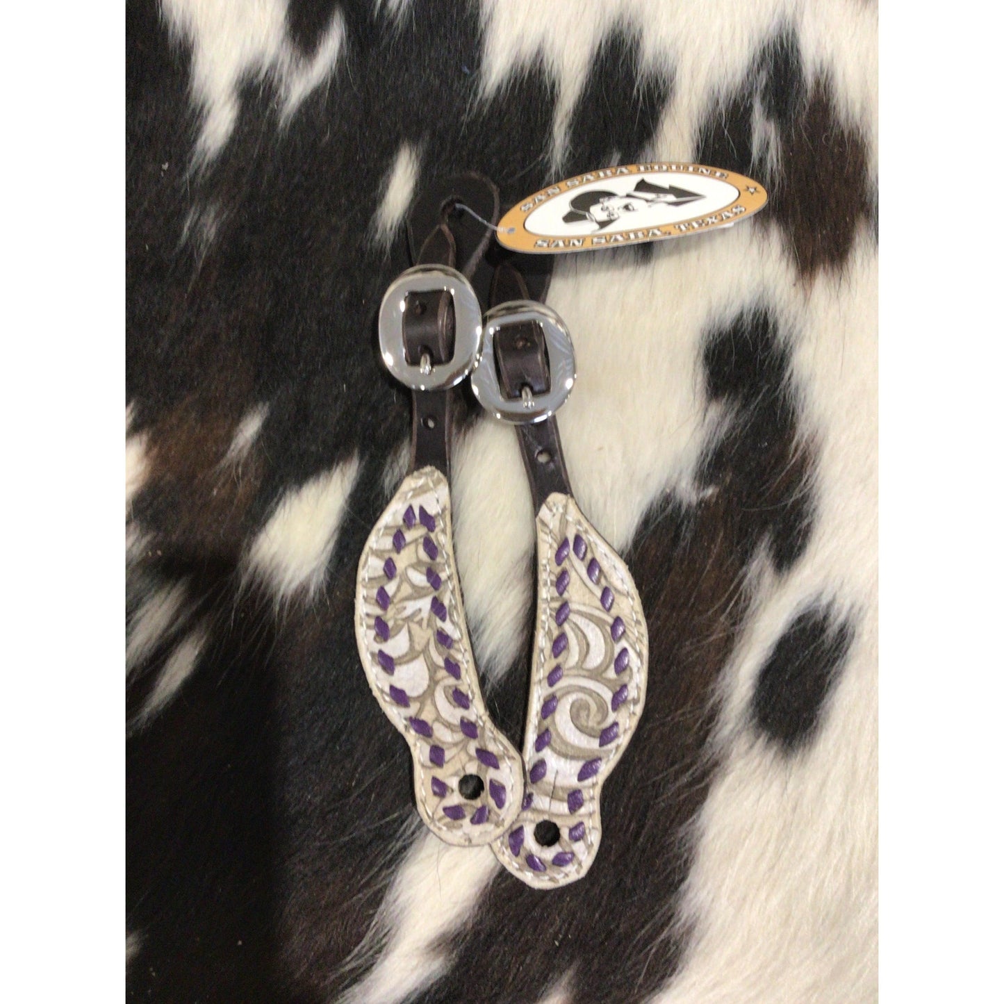 San Saba Chocolate Youth Shaped Spur Strap W/Buckstitch on Floral