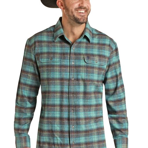 Rock & Roll Men's Long Sleeve 2 Pockets Plaid Woven Button-Down Shirt - Turquoise