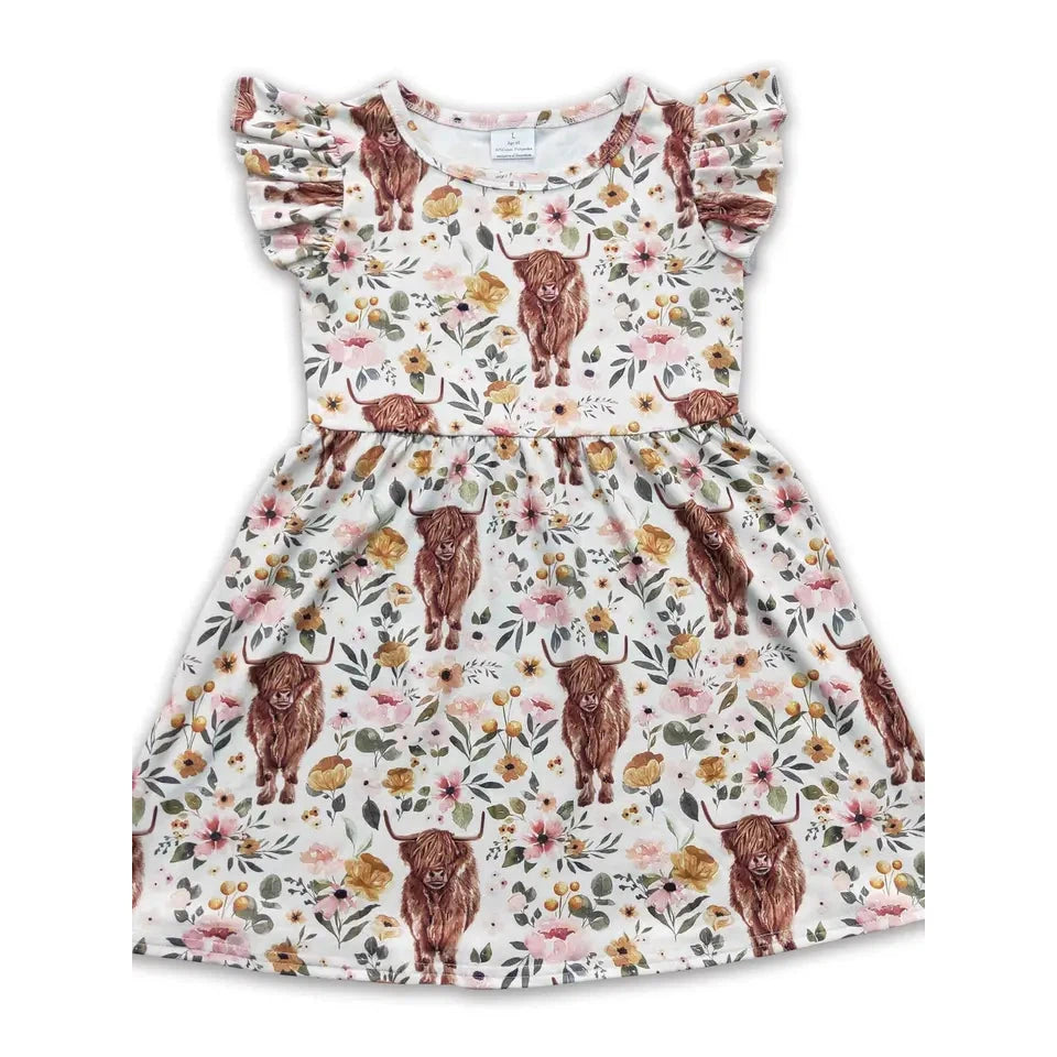 Yawoo Girl's Flutter Sleeve Highland Cow Floral Western Dress - White/Multi