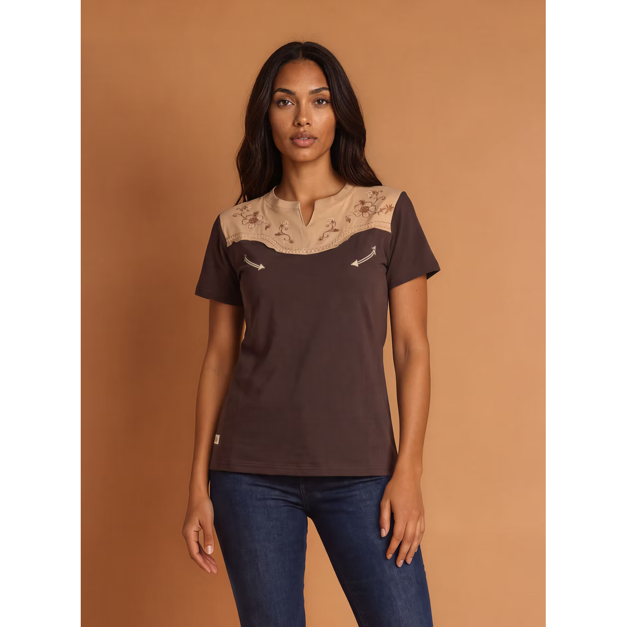 Ranch Girls Western Yoke Short Sleeve Darcy Tee Shirt-Brown