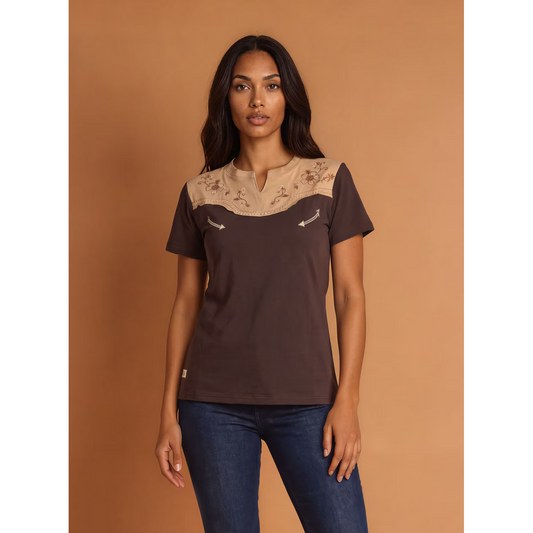 Ranch Girls Western Yoke Short Sleeve Darcy Tee Shirt-Brown