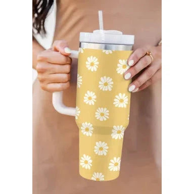 Dear Lover Yellow Daisy Print Handle Stainless Steel Portable Cup 40oz