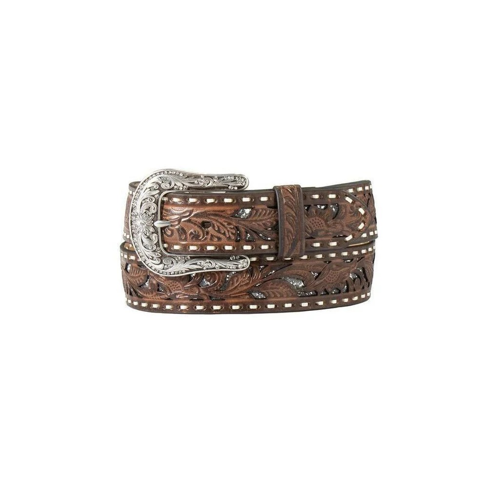 Nocona Women's Floral Embossed Glitter Underlay Belt - Brown