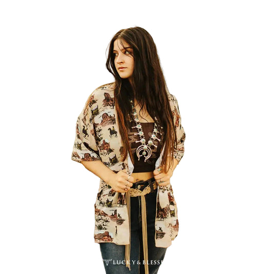 Lucky & Blessed Western Desert Cowboy Printed Kimono