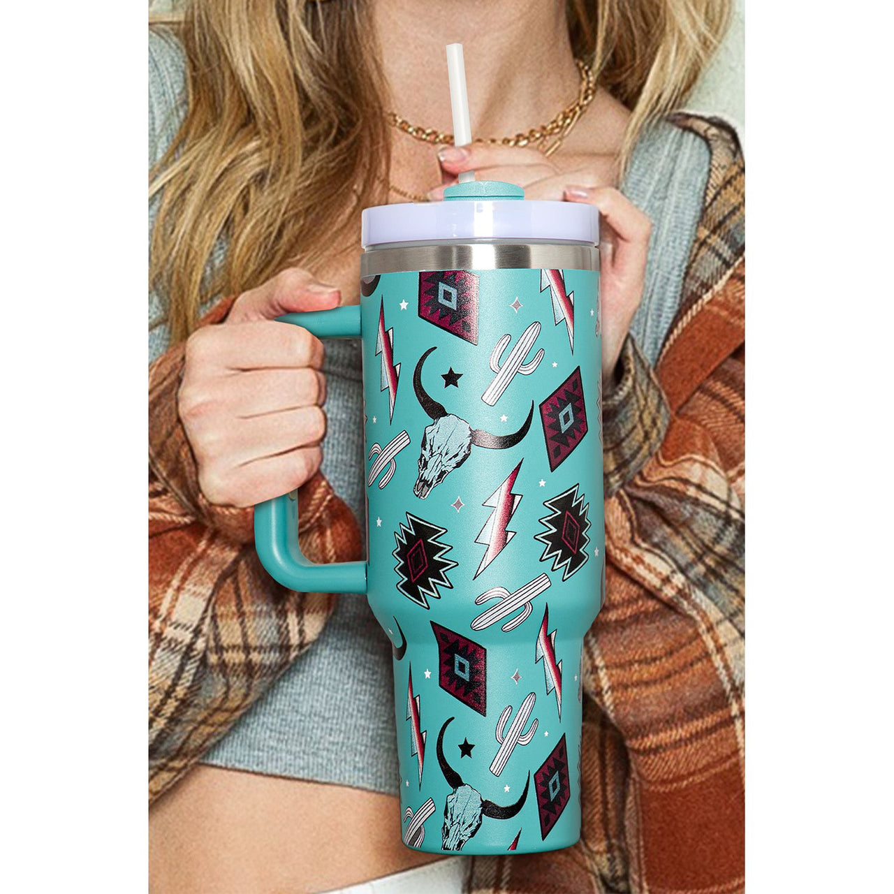 Dear Lover 40oz Western Aztec Pattern Print Stainless Steel Insulated Cup - Light Blue