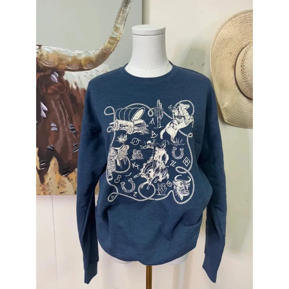 Rockin A Design Women's Long Sleeve Western Icons Sweatshirt- Heather Denim