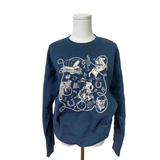 Rockin A Design Women's Long Sleeve Western Icons Sweatshirt- Heather Denim