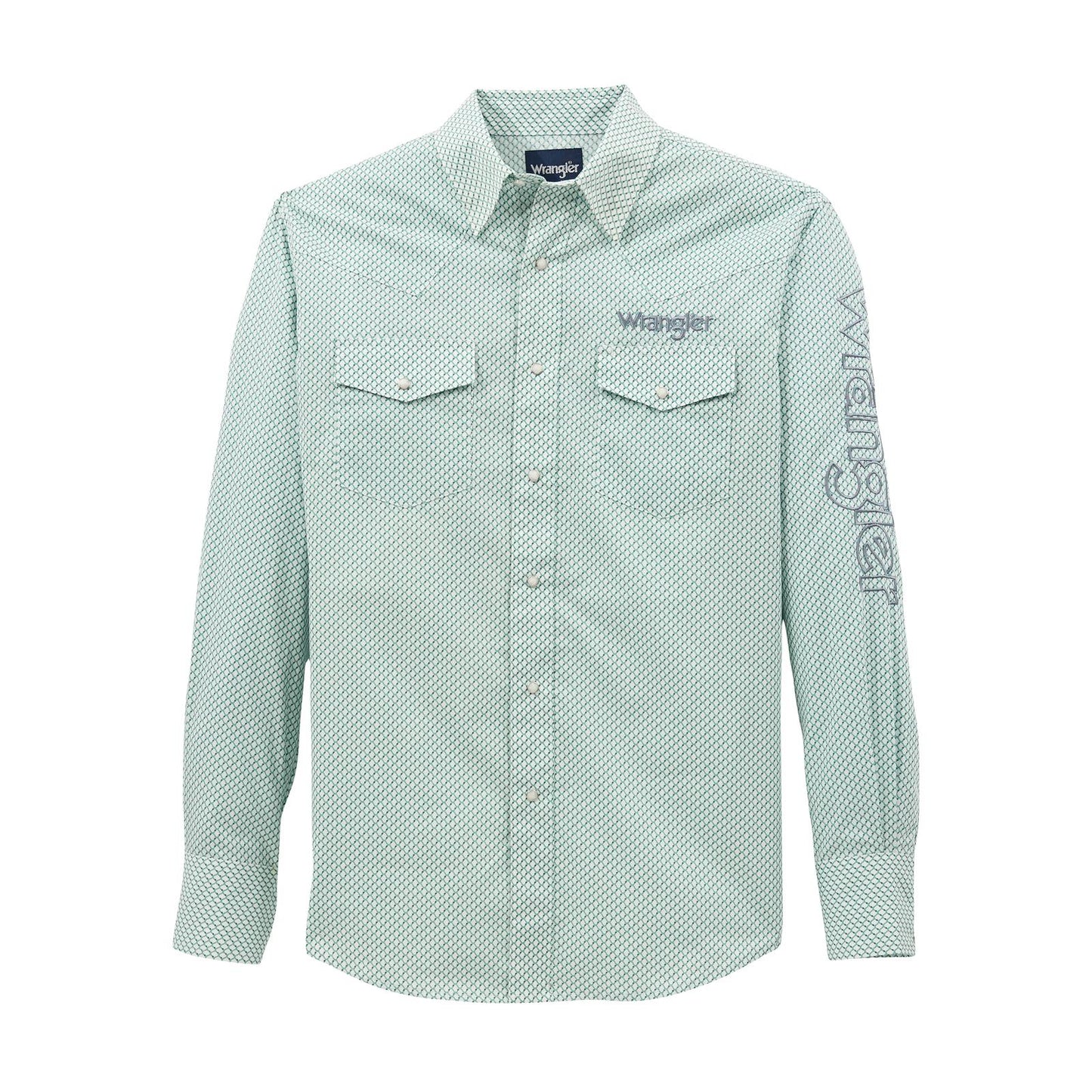 Wrangler Men's Wrangler Logo Classic Fit Snaps Long Sleeve Shirt -White/Teal