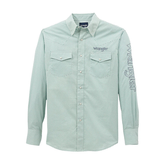 Wrangler Men's Wrangler Logo Classic Fit Snaps Long Sleeve Shirt -White/Teal