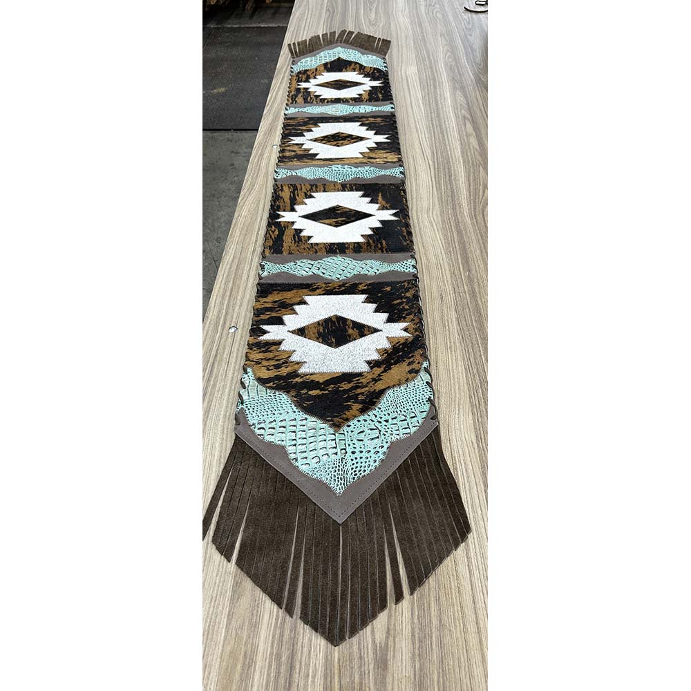 D2W Fringed Table Runner Navajo with Floral Details- Turquoise