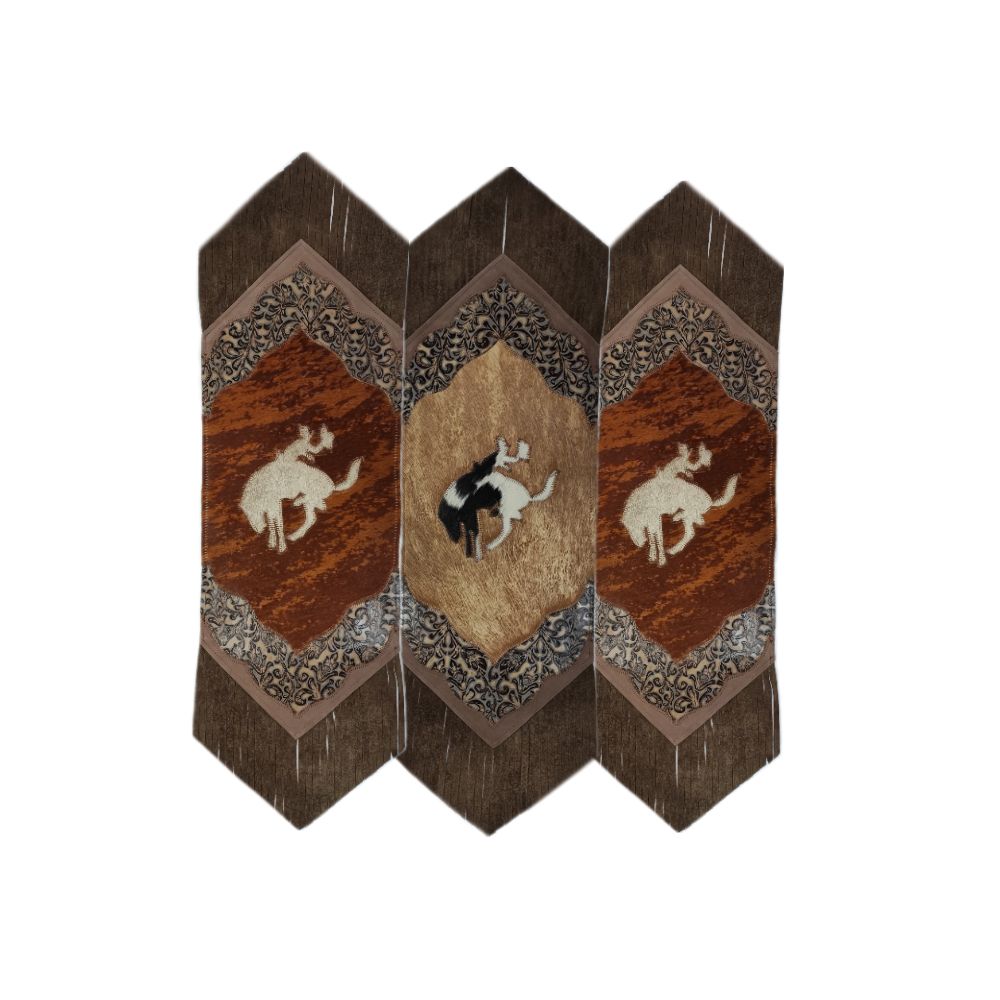 D2W Trading Mini Table Runner Bucking Horse with Floral Details and Fringe- Tan - Irvine Tack & Western Wear