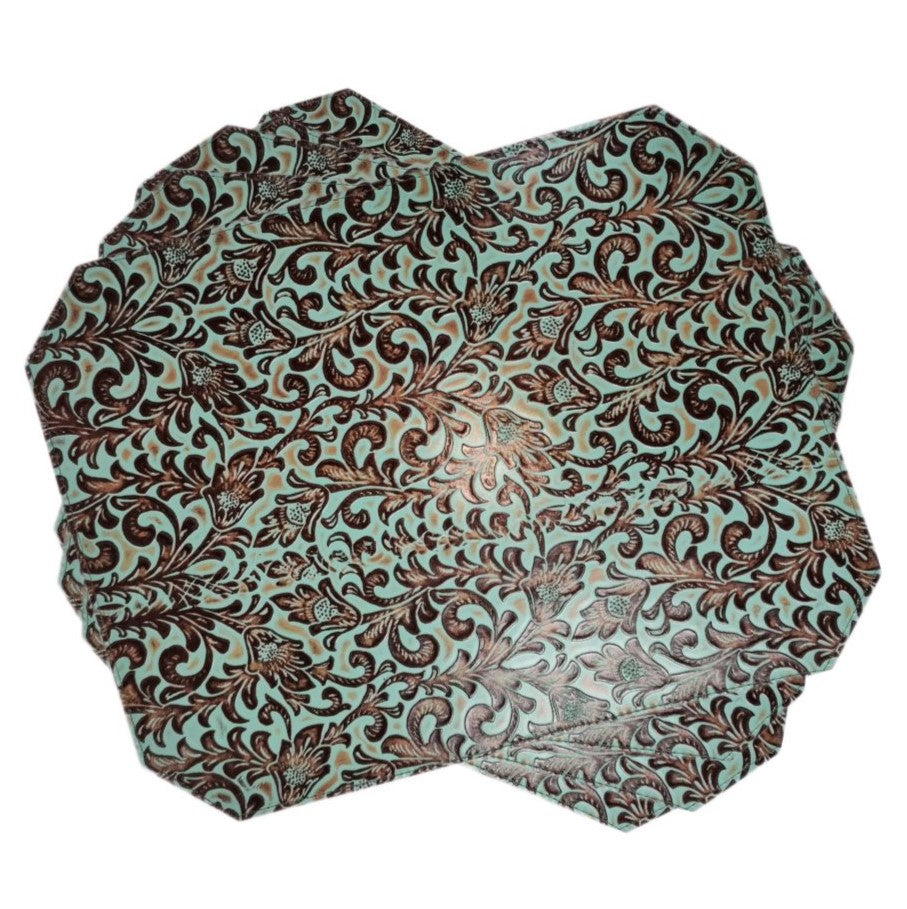D2W Trading Floral Leather Embossed Placemat- Turquoise