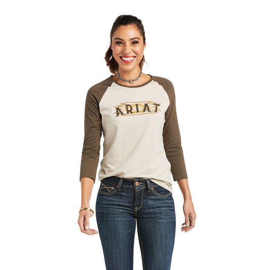 Ariat Women's Real Aztec Baseball Tee Oatmeal Heather