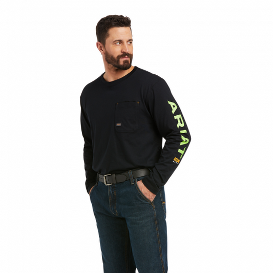Ariat Men's Rebar Workman Logo L/S T-Shirt - Black/Lime