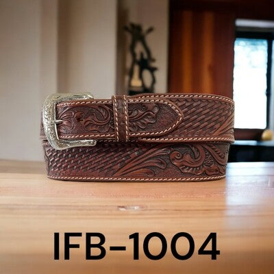 Ranger Belt Company - Floral and Basket Weaved Tooled Belt - Brown