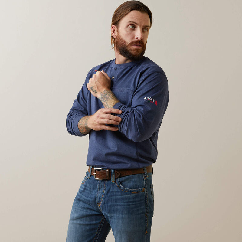 Ariat Men's Fire Resistant Air Refinery Row Graphic Henley Top - Navy Heather