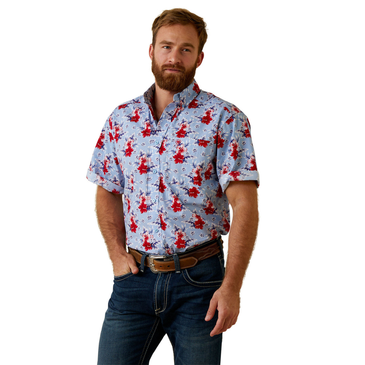 Ariat Men's Jeremiah Classic Short Sleeve Western Shirt - Blue/Red Hibiscus